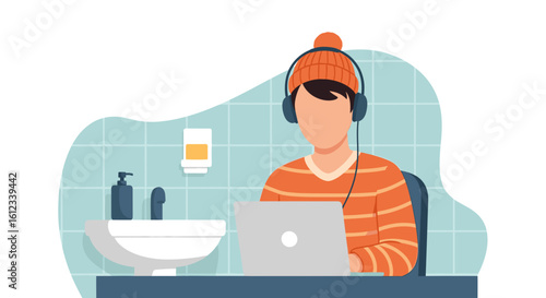 Person working on laptop in bathroom, perfect for illustrating remote work flexibility or unusual workspaces.