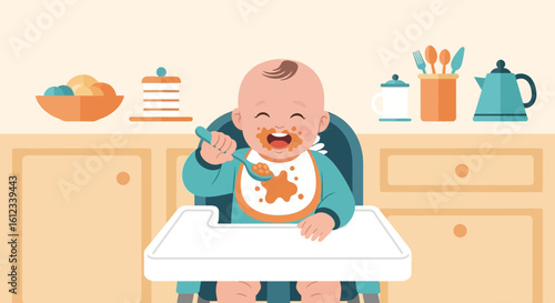 Happy Baby Enjoying Mealtime In High Chair At Home With Kitchen Background