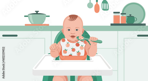 Happy Baby Enjoys Healthy Meal While Sitting In A High Chair