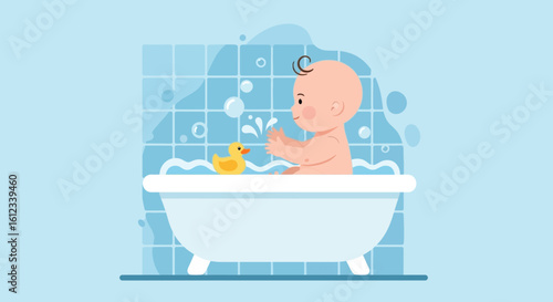 Happy baby having bath time with a rubber duck in a bathtub with blue tones