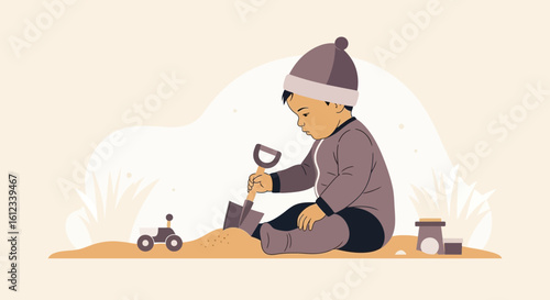 Focused Infant Plays Diligently With Shovel In Sand At Outdoor Play Area