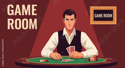 Focused Man In Game Room Plays Cards Around Casino Style Setting