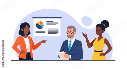 Diverse business team giving a presentation with charts and graphs. Ideal for websites, brochures, and presentations on business, teamwork, and success.