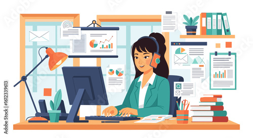 Busy businesswoman working at her desk, perfect for illustrating business efficiency and productivity for websites and brochures.