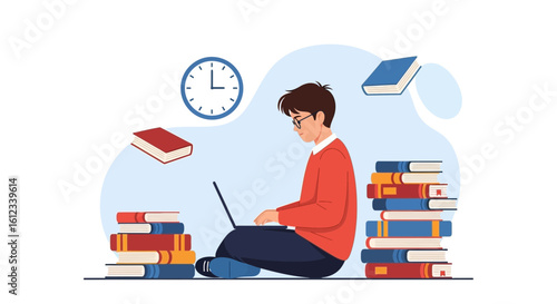 Focused Student Learning Online Surrounded By Books During Time For Education