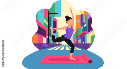 Woman practicing yoga outdoors in the city. Perfect for fitness websites, blogs, or brochures.