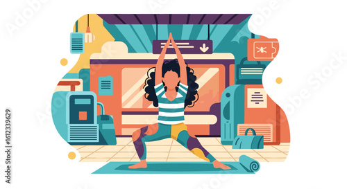 Woman doing yoga at the airport, perfect for travel blogs or wellness websites.