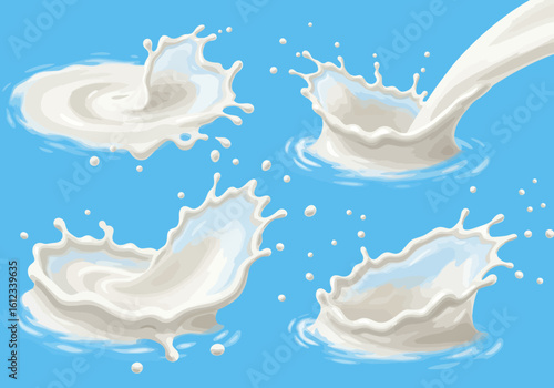 Dynamic milk splashes frozen in motion create refreshing liquid waves and droplets, perfect for beverage advertising and healthy lifestyle visuals.