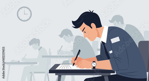 Focused Student Taking A Test In Classroom With Other Students Vector Graphic