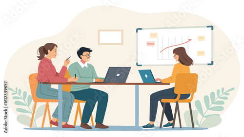 Diverse team brainstorming around a table with laptops and a whiteboard showing a growth chart. Ideal for websites, presentations, and marketing materials.