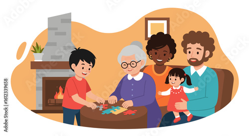 Happy multigenerational family doing a puzzle together by the fireplace. Perfect for family, togetherness, and home concepts.