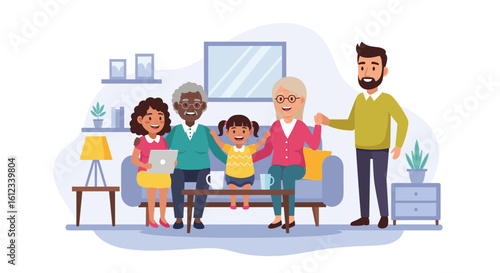 Happy multigenerational family spending time together at home, perfect for family, togetherness, and generational themes.