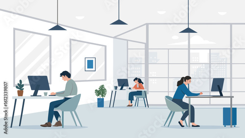 Modern co-working space illustration, perfect for websites and brochures showcasing flexible work environments.