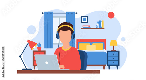 Person working from home on laptop, wearing headphones. Illustration perfect for blog posts, websites, and articles about remote work, online learning, or freelancing.