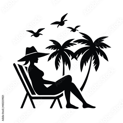 Black silhouette of a woman in a wide-brimmed hat sitting in a beach chair under two palm trees with four birds flying above, isolated on white background