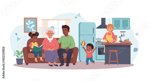 Happy multigenerational family at home: grandmother, parents, and children. Perfect for family blogs, websites, and brochures.