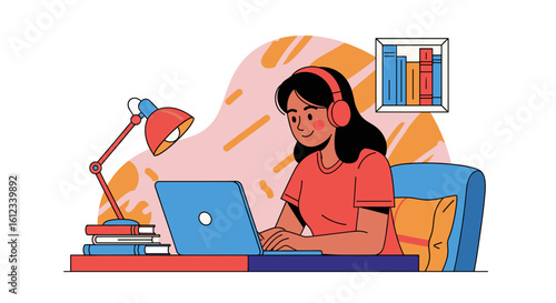 Woman working from home on laptop, wearing headphones. Illustration ideal for blogs, articles about remote work, online education, or productivity.