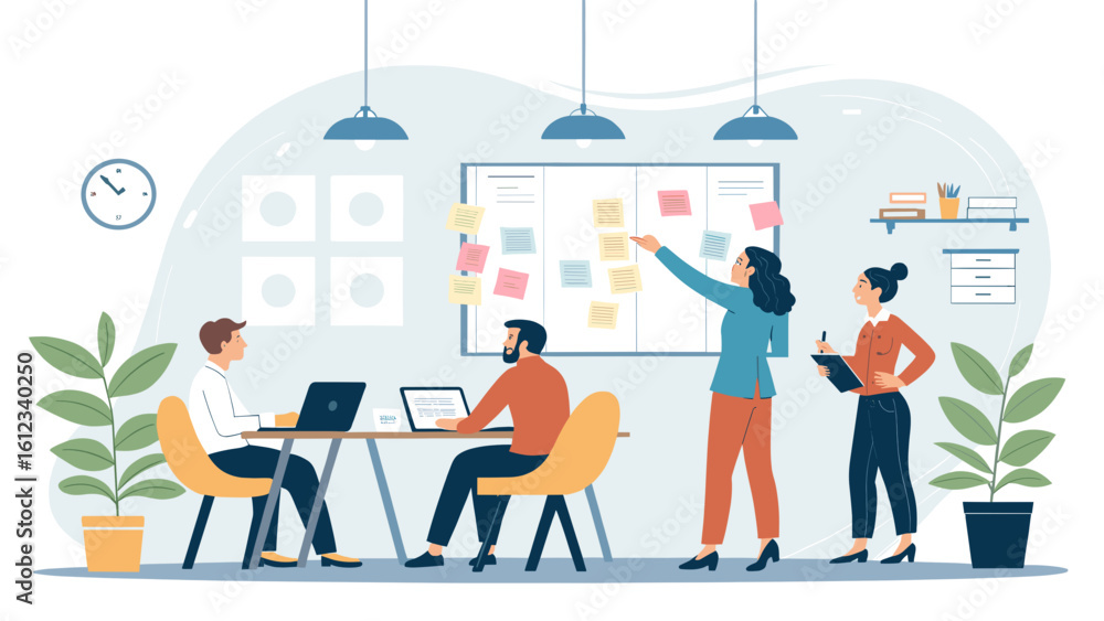 Fototapeta premium Team brainstorming session in modern office, perfect for project management or teamwork website.