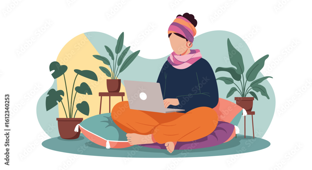 Fototapeta premium Woman working from home on laptop, surrounded by plants. Perfect for blog posts about remote work, wellbeing, or home office design.