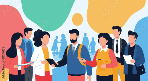 Diverse group of business professionals networking, ideal for websites or brochures promoting teamwork and collaboration.