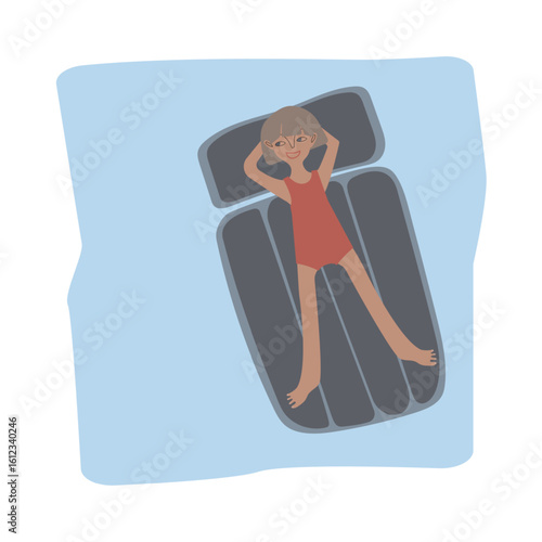 Tanned girl with bob cut swims in pool or sea on inflatable mattress. Square scene. Vector illustration for advertisement, poster, postcard or brochure about your tourist complex