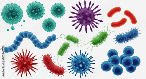 Vibrant collection of diverse microscopic organisms showcasing varied shapes and colors including bacteria and viruses essential for scientific research and medical education