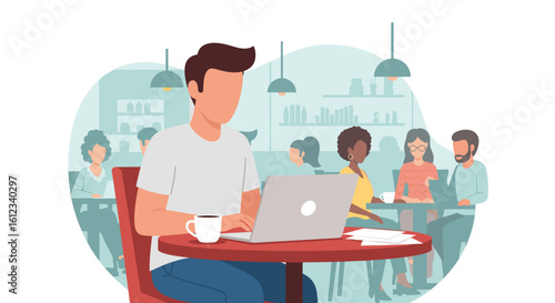 Man working on laptop in a busy cafe, perfect for illustrating remote work, coworking spaces, or a modern lifestyle.
