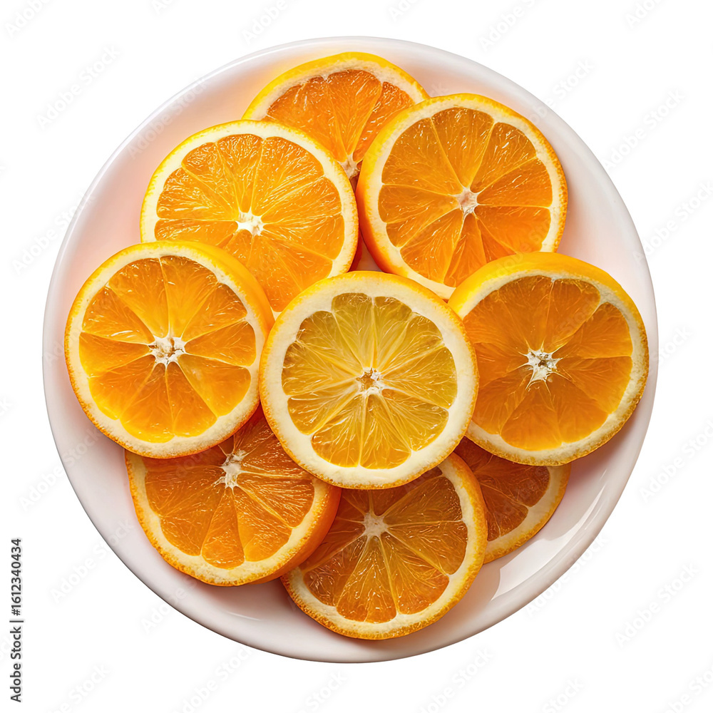 Fototapeta premium A top down view of a white plate filled with freshly sliced oranges and citrus fruit segments isolated on transparent background
