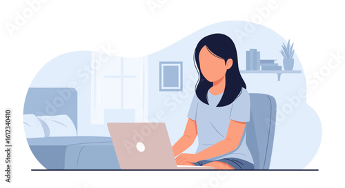 Woman working from home on laptop, perfect for website banners or blog posts about remote work.