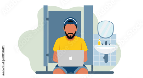 Man working on laptop in a restroom - perfect for articles about remote work, work-life balance, or unusual workspaces.