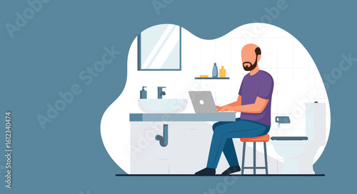 Man working on laptop in modern bathroom - perfect for articles about remote work, work-life balance, or modern home design.