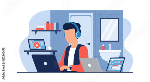 Man working from home in bathroom, using multiple laptops and headphones. Perfect for remote work, freelance, and work-life balance articles.