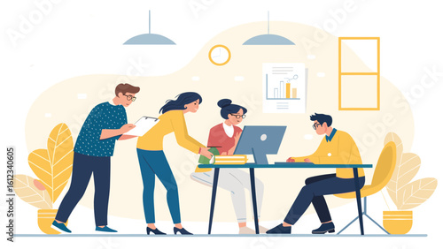 Teamwork in a modern office: Diverse colleagues collaborating on a project, perfect for websites or presentations.
