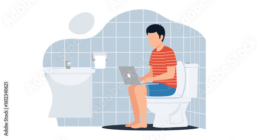 Man working on laptop while sitting on toilet in bathroom - humorous illustration for website or social media.