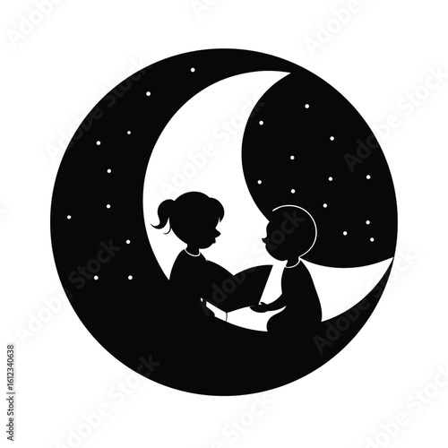 Silhouette of couple holding hands in crescent moon