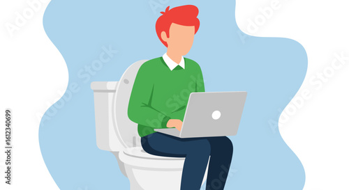 Man working on laptop while sitting on toilet - humorous illustration for website or blog post.