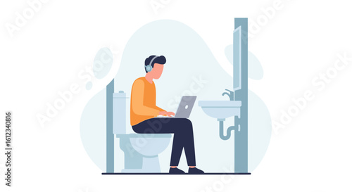 Man working on laptop while sitting on toilet - Illustration for articles about work-life balance or remote work challenges.