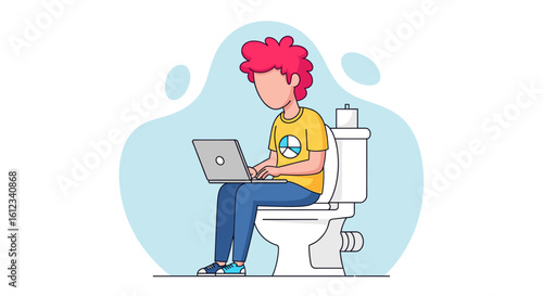 Person working on laptop while sitting on toilet - Illustration for blog, website or social media.