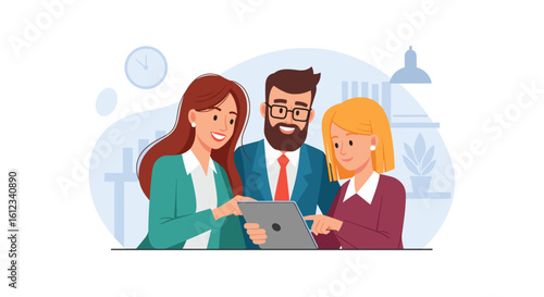 Happy business team collaborating on a tablet, perfect for website banners and marketing materials.