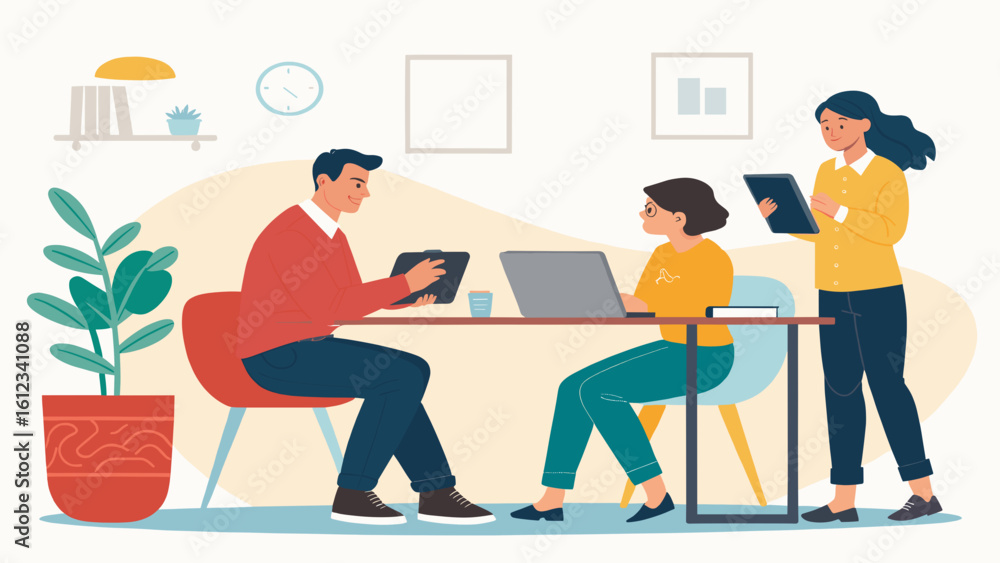 Fototapeta premium Teamwork and collaboration: Diverse colleagues working together on a project in a modern office setting. Ideal for websites, presentations, or brochures.
