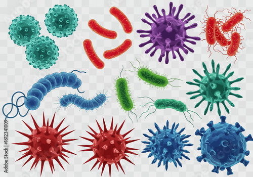 Vibrant collection of diverse microscopic organisms featuring colorful viruses, bacteria, and cells in dynamic scientific exploration