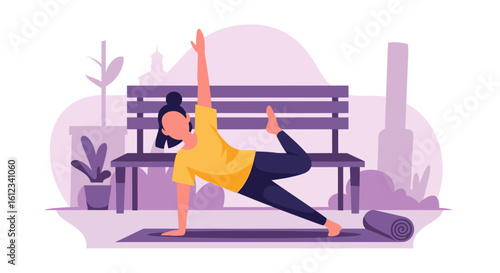 Woman doing yoga outdoors near a park bench - perfect for wellness websites and brochures.