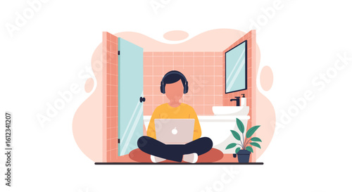 Person working on laptop in bathroom, illustration for blog, website or article about remote work, work from home, flexibility.