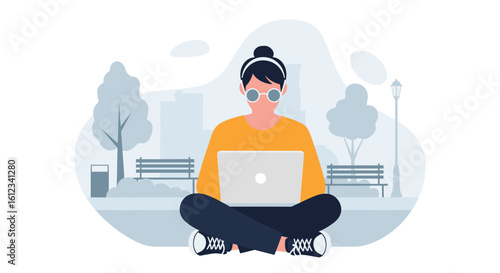 Young woman working on laptop in park, perfect for blog, website or social media.
