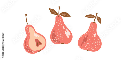 Pear isolated on white background. Natural delicious fresh ripe tasty fruit. Sweet pears with leaves. Food concept. Vector illustration for design.