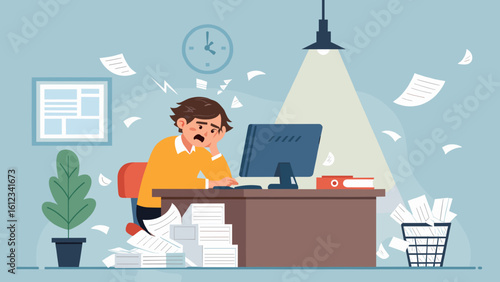 Overwhelmed Office Worker: Illustration for articles on stress, burnout, or workplace efficiency.