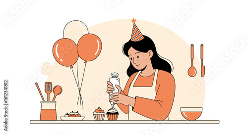 Delightful Celebration Woman Decorating Cupcakes Party Mood Kitchen Scene
