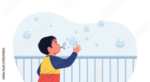 Delightful Childhood: Little Boy Creates Bubbles of Wonder with a Bubble Wand