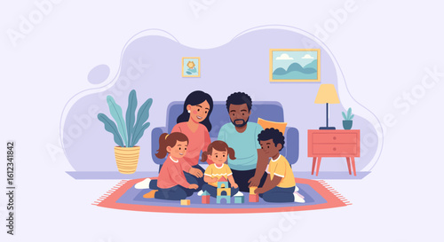 Happy family playing together at home, perfect for family blogs, websites, and children's products.