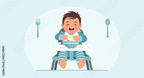 Delightful depiction of a cheerful baby enjoying a meal in a high chair at home